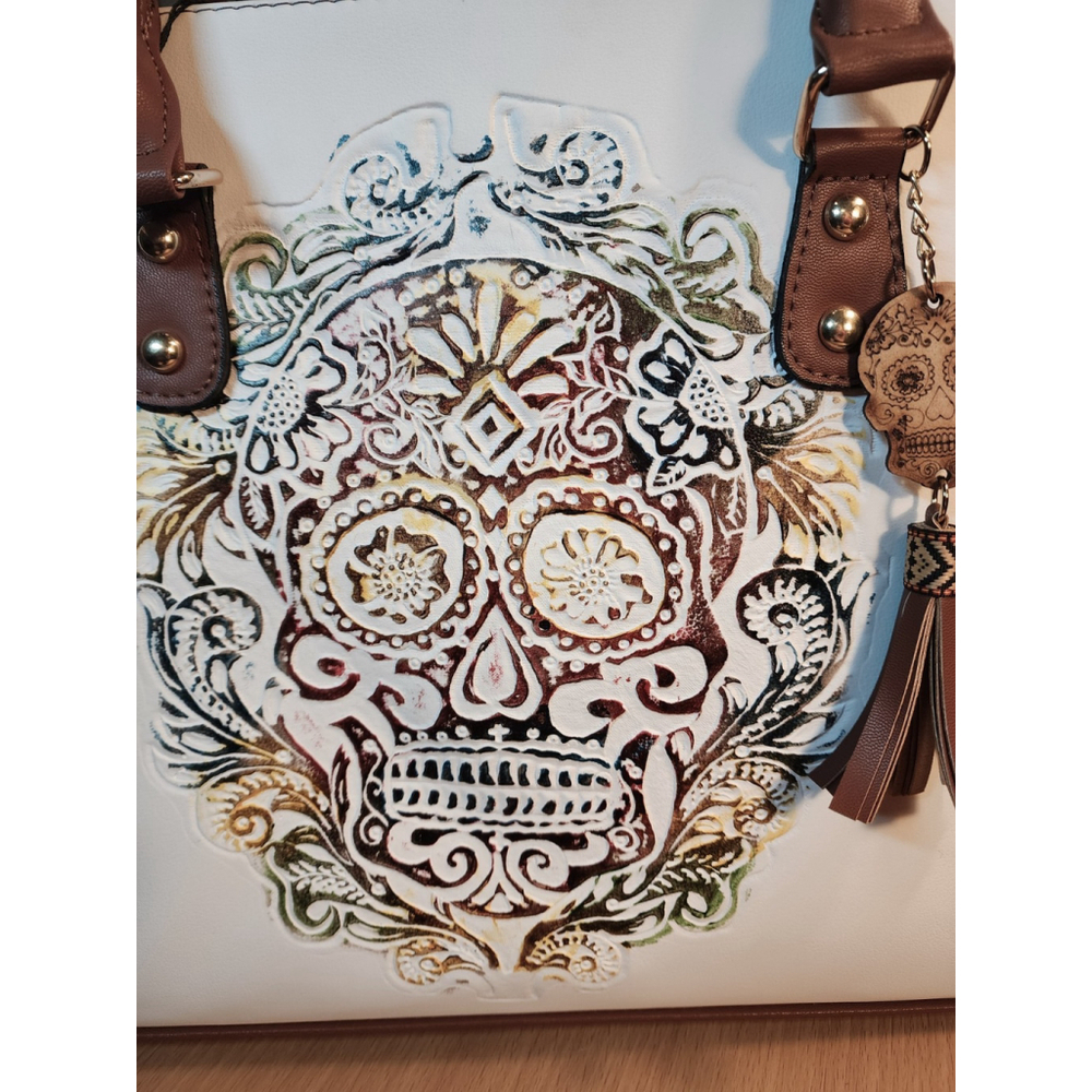 Sugar Skull Multicolor Embossed Tooled Artisan Bag Purse Tote Bolsa Artesanal - Picture 7 of 15